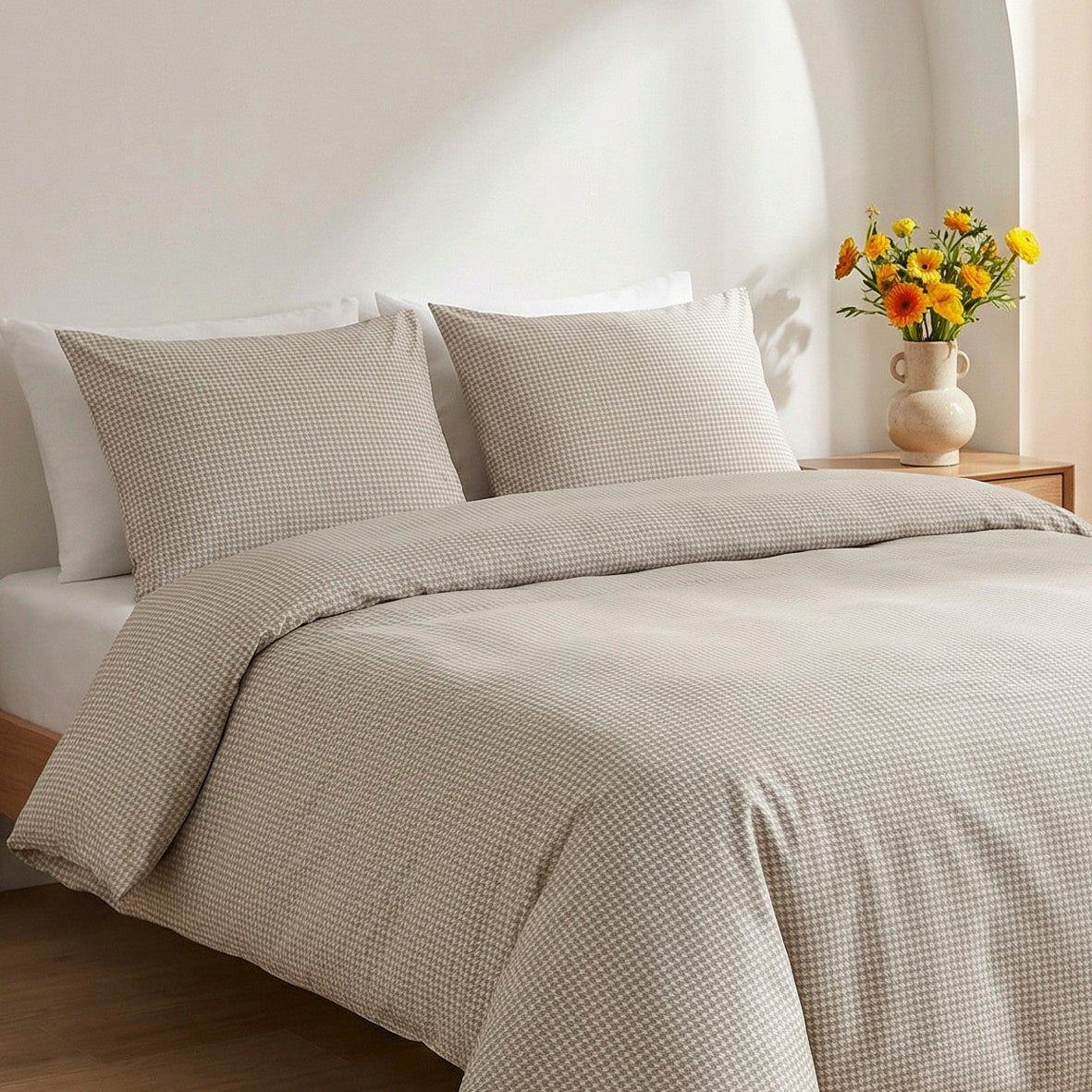 Pillowcase cotton satin - Pied de poule Taupe