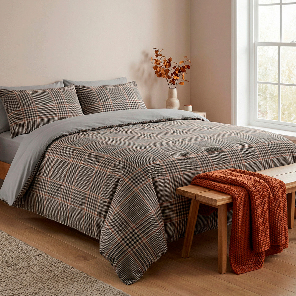 Housse de couette + taie d'oreiller satin de coton - Prince de Galles Brun