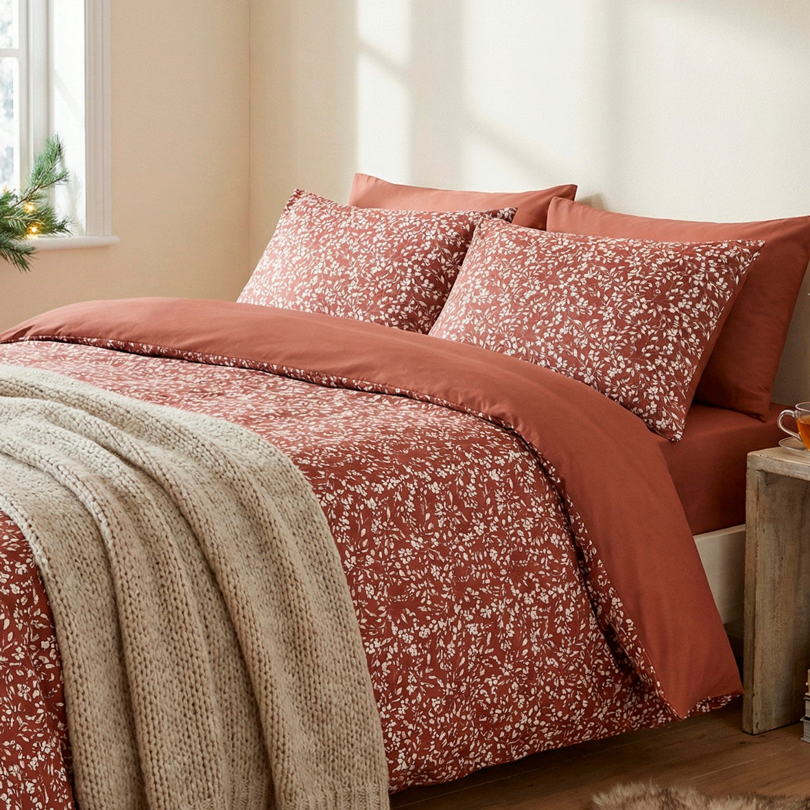 Duvet cover + pillowcase cotton satin - Fleurs minimalistes Terracotta
