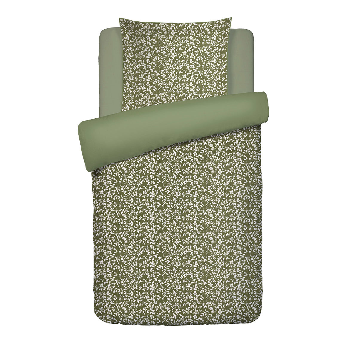 Duvet cover + pillowcase cotton satin - Fleurs minimalistes Green