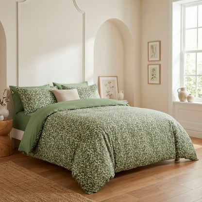 Duvet cover + pillowcase cotton satin - Fleurs minimalistes Green