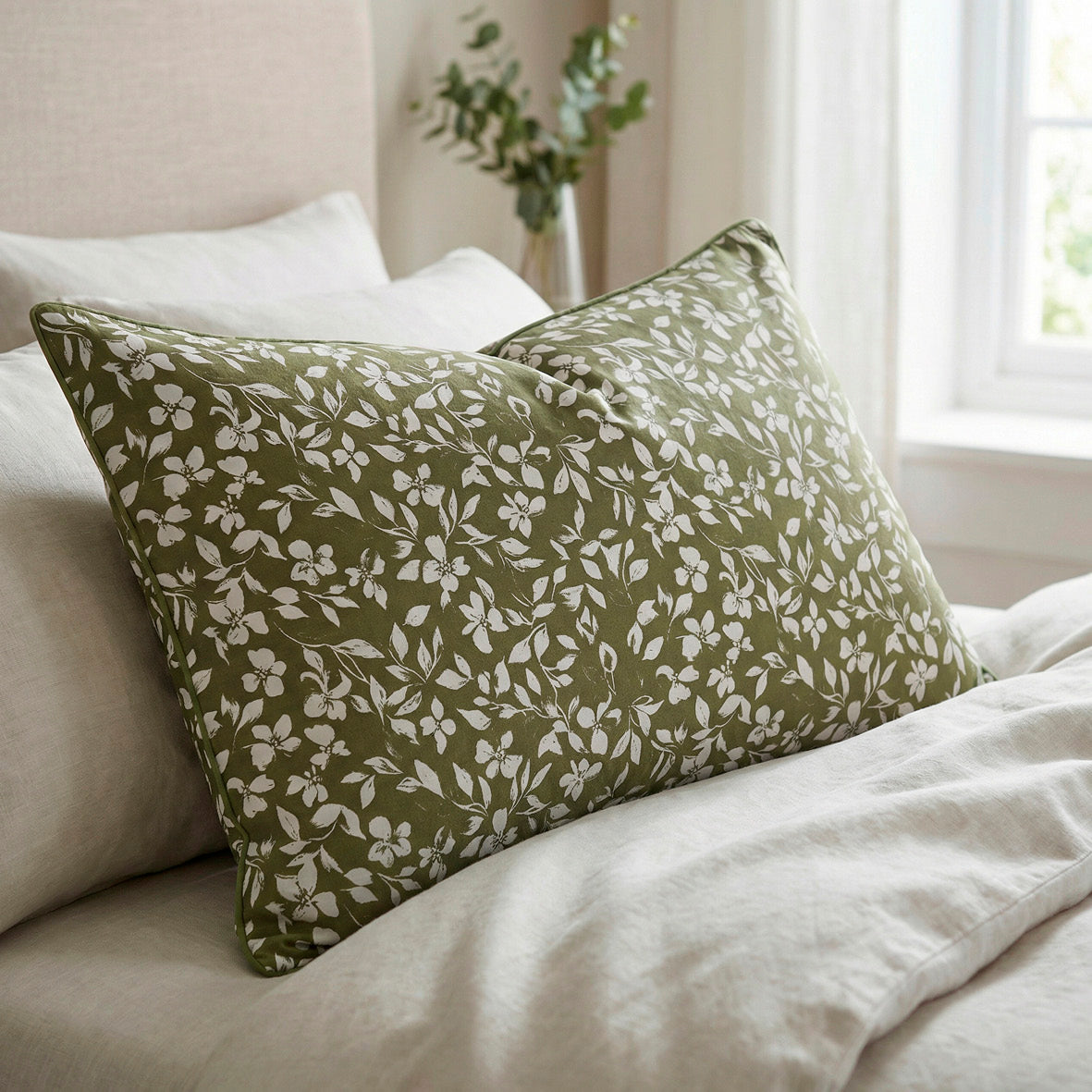 Pillowcase cotton satin - Fleurs minimalistes - Green 11