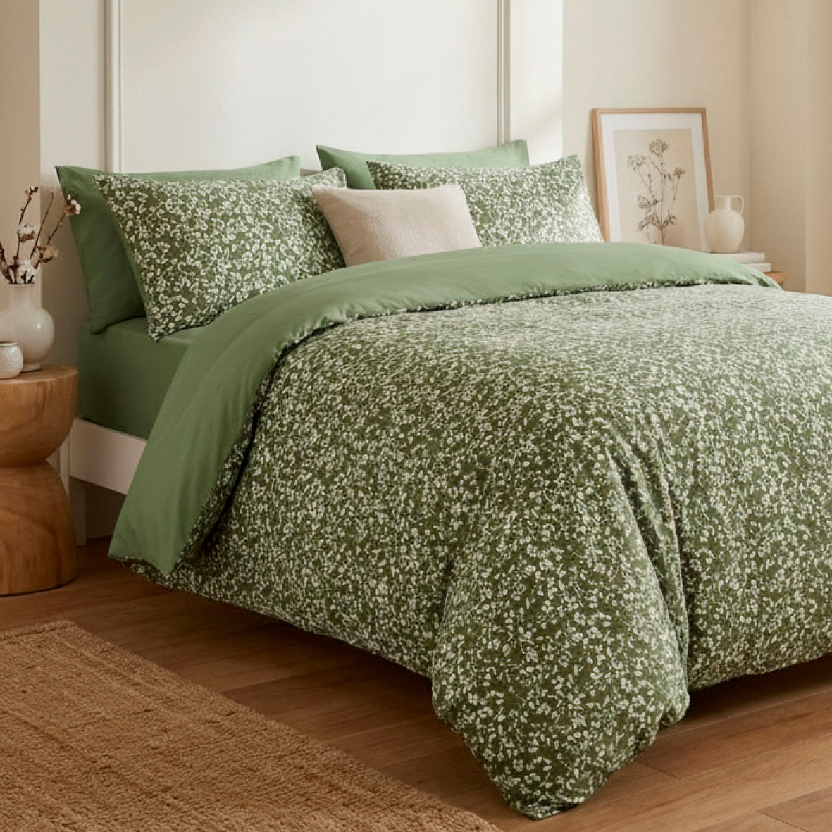 Pillowcase cotton satin - Fleurs minimalistes - Green 11