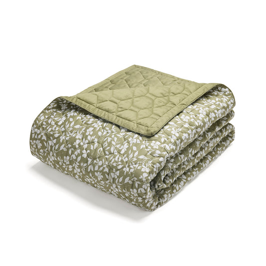 Bedspread cotton satin - Fleurs minimalistes Green - 220 x 250 cm
