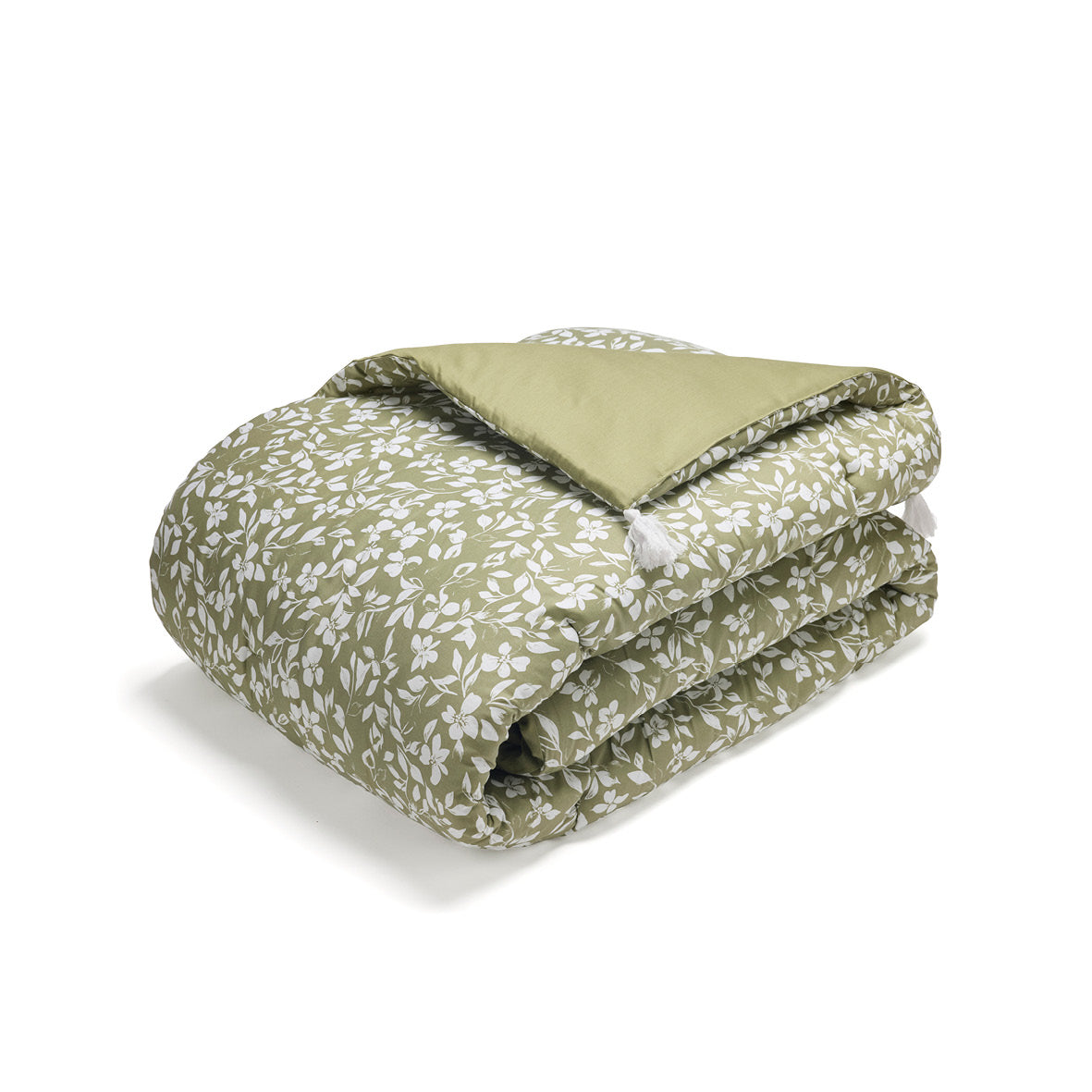 Quilt with tassels cotton satin - Fleurs minimalistes Green - 140 x 200 cm