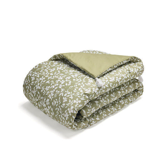 Quilt with tassels cotton satin - Fleurs minimalistes Green - 140 x 200 cm