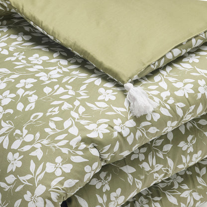Quilt with tassels cotton satin - Fleurs minimalistes Green - 140 x 200 cm