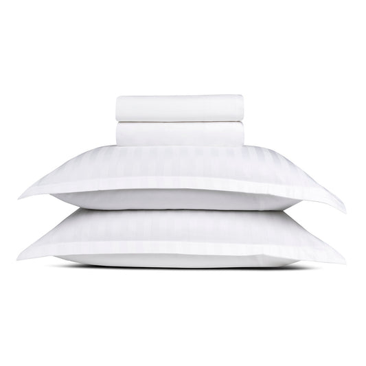 Sheet set : fitted sheet, flat sheet, pillowcase(s) in satin cotton - Jacquard woven - Dobby stripe white