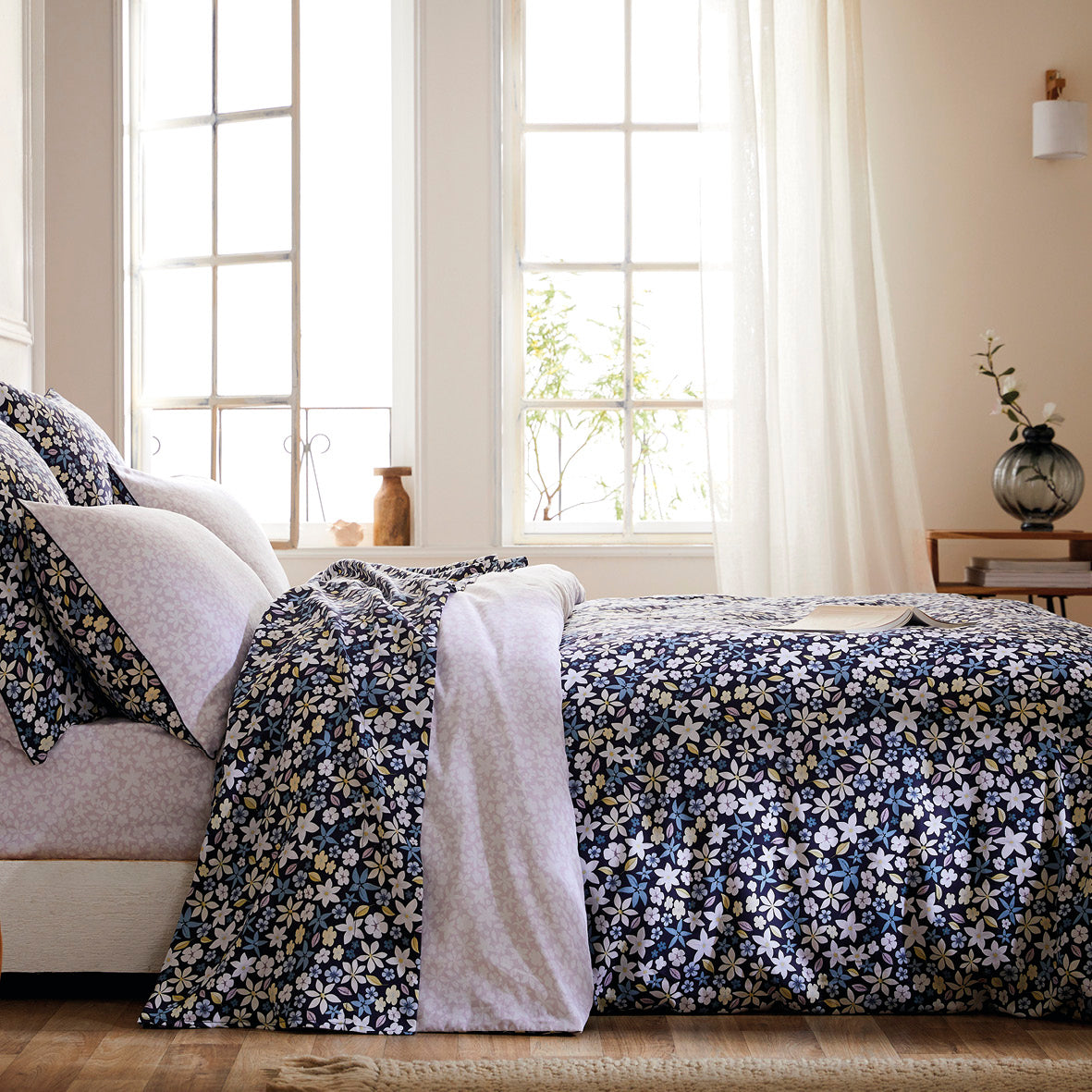 Taie de traversin satin de coton - Etoile de Printemps Bleu