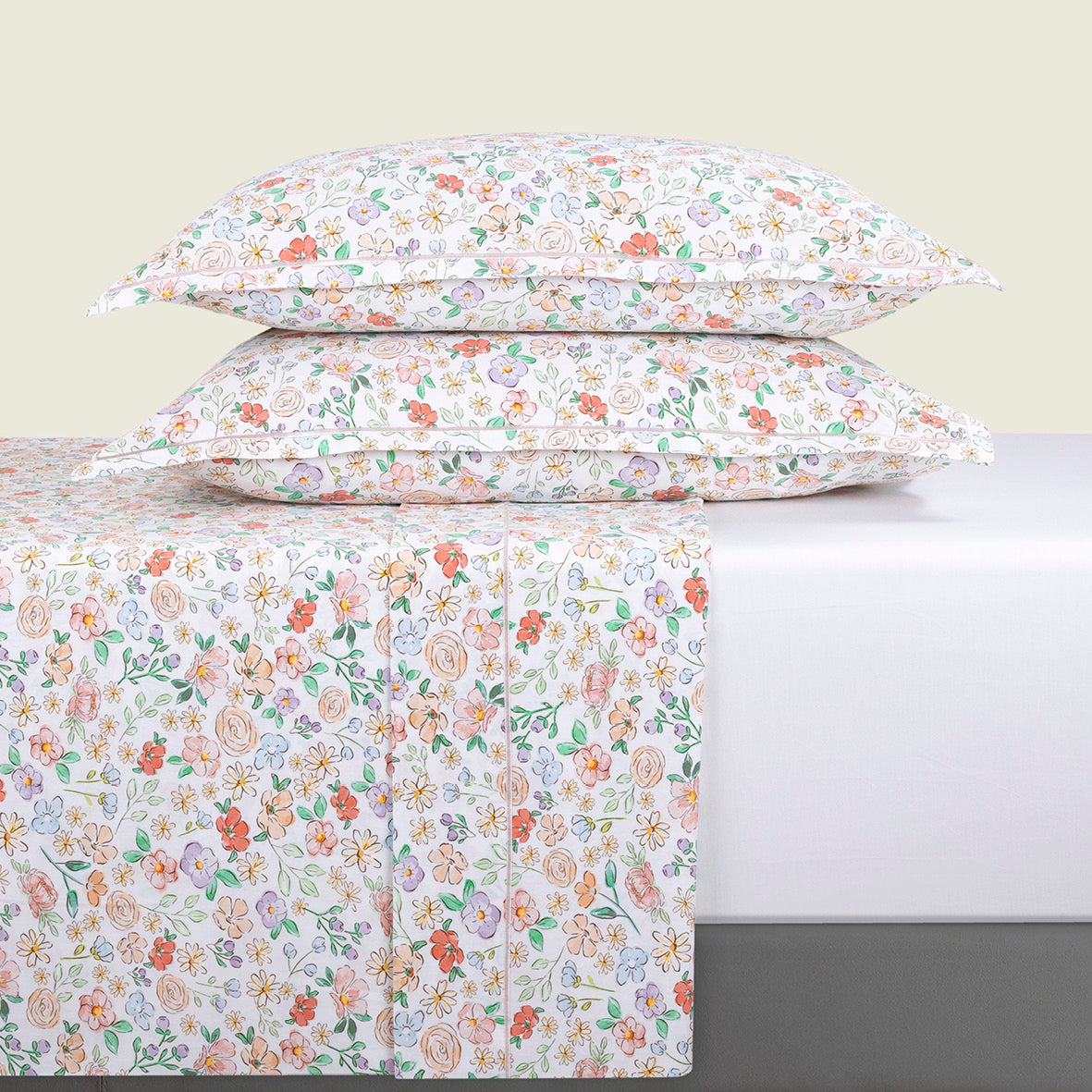 Sheet set cotton satin - Prairie Fleuri White