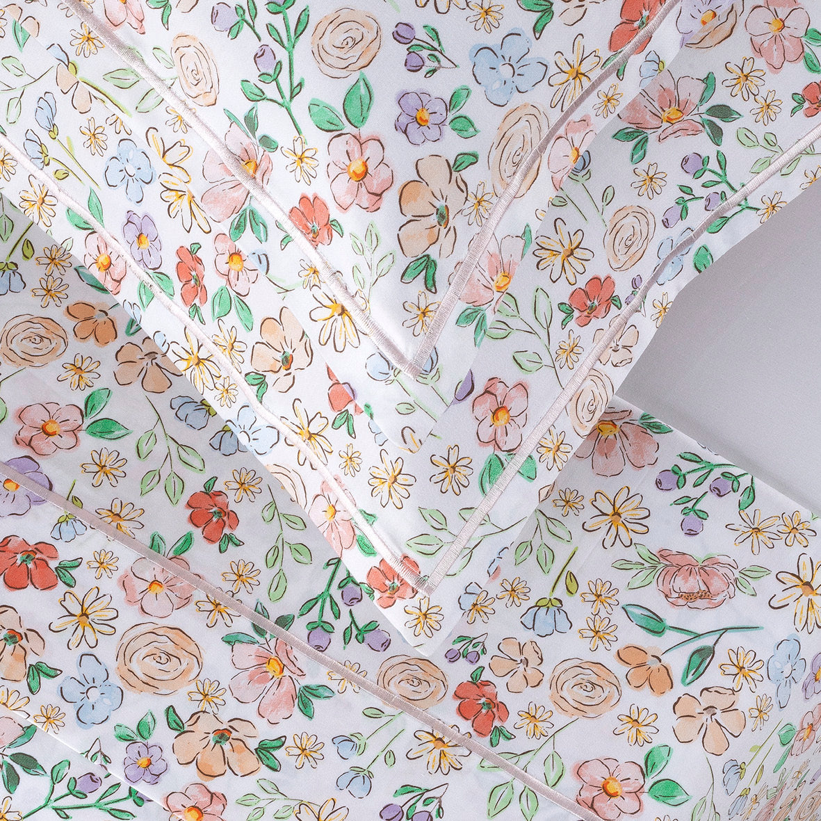 Sheet set cotton satin - Prairie Fleuri White