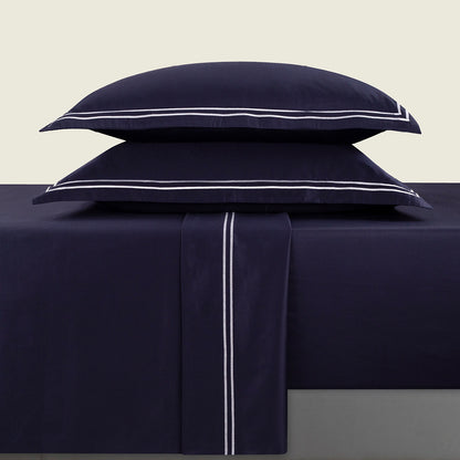 Sheet set cotton satin - Antibes White / Dark blue