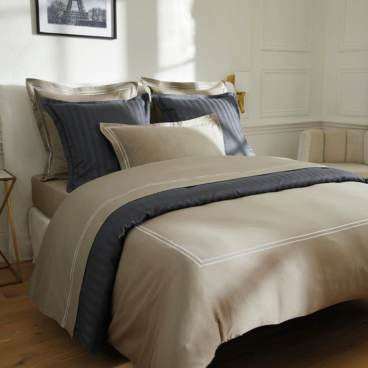 Duvet cover + pillowcase(s) cotton satin - Antibes White / Taupe