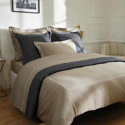 Duvet cover + pillowcase(s) cotton satin - Antibes White / Taupe