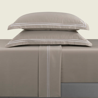 Sheet set cotton satin - Antibes White / Taupe