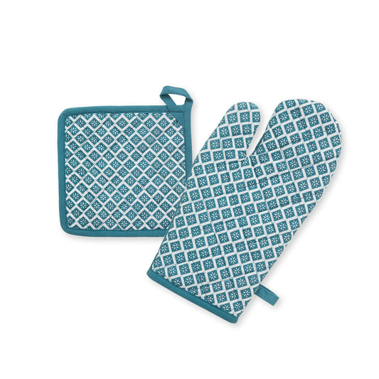 Set of oven mitt and pot holder  Blue - 32 x 20 cm + 20 x 20 cm
