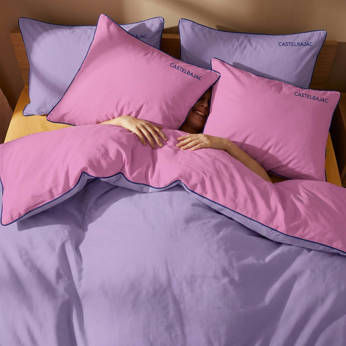 Duvet cover + pillowcase cotton satin - Uni piping - Lavender / Bubblegum