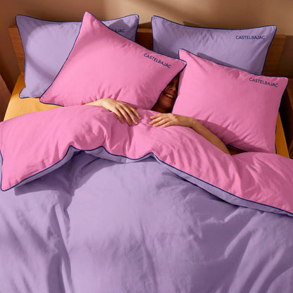 Duvet cover + pillowcase cotton satin - Uni piping - Lavender / Bubblegum