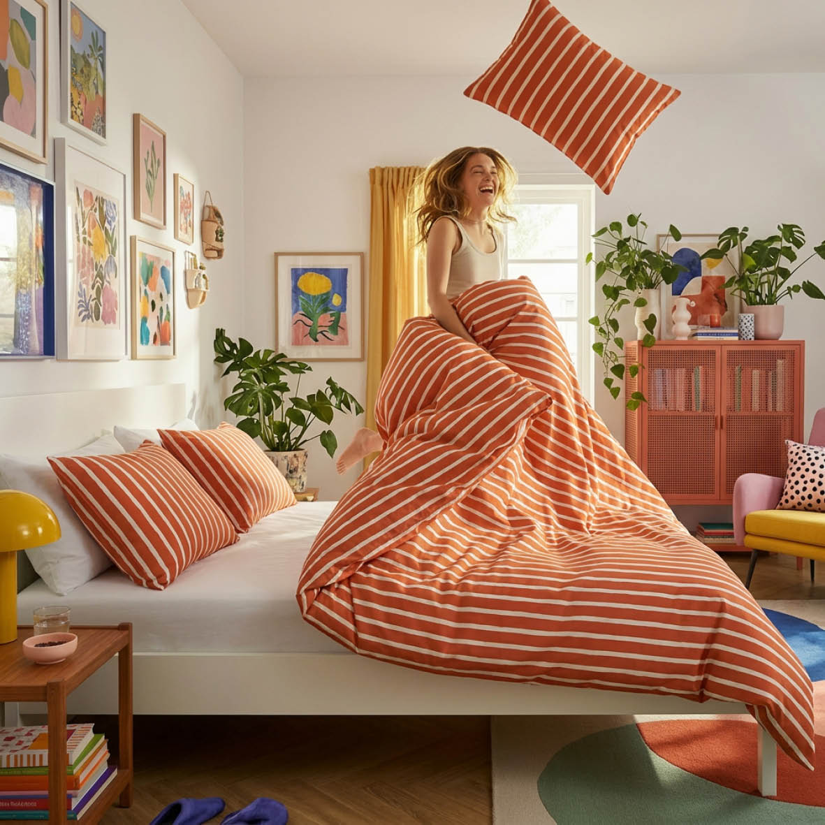 Duvet cover + pillowcase cotton satin - Sérénité rayée - Spicy pumpkin