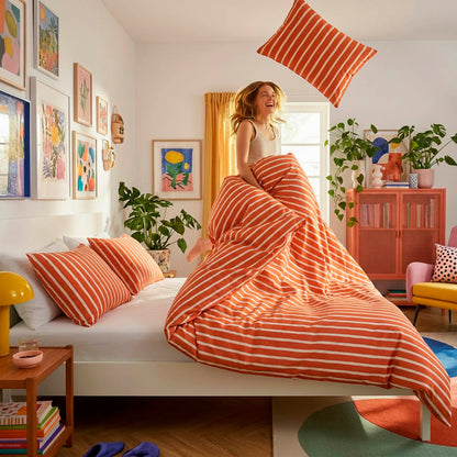 Duvet cover + pillowcase cotton satin - Sérénité rayée - Spicy pumpkin