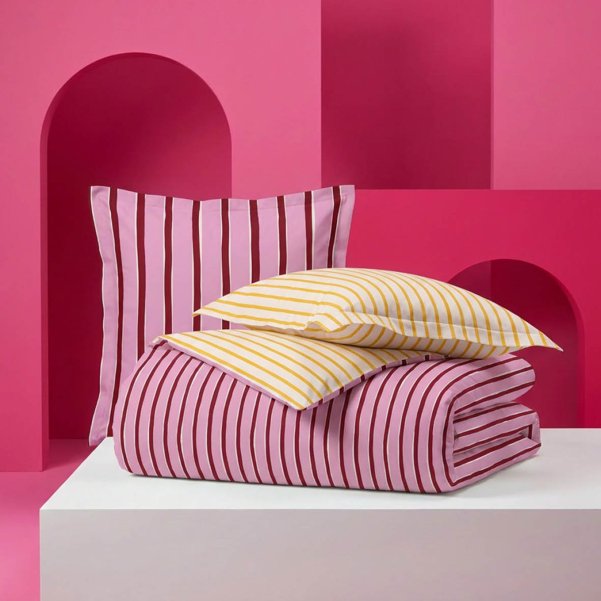 Duvet cover + pillowcase cotton satin - Rayure en écho - Pink / Yellow