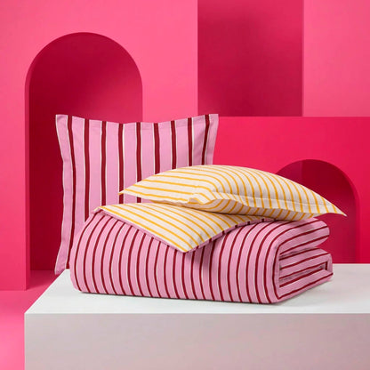 Duvet cover + pillowcase cotton satin - Rayure en écho - Pink / Yellow