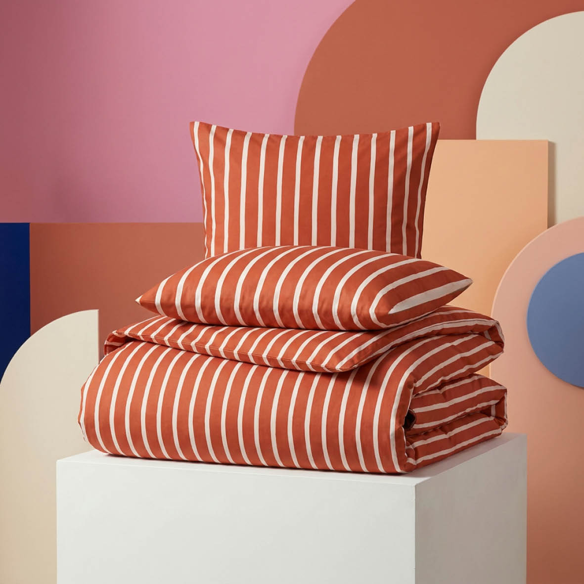 Duvet cover + pillowcase cotton satin - Sérénité rayée - Spicy pumpkin