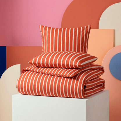 Duvet cover + pillowcase cotton satin - Sérénité rayée - Spicy pumpkin