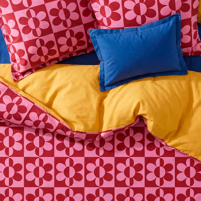 Duvet cover + pillowcase cotton satin - Pop flower - Pink / Honey gold