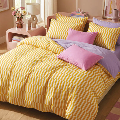 Duvet cover + pillowcase cotton satin - Cadence rayée - Yellow / Lavender
