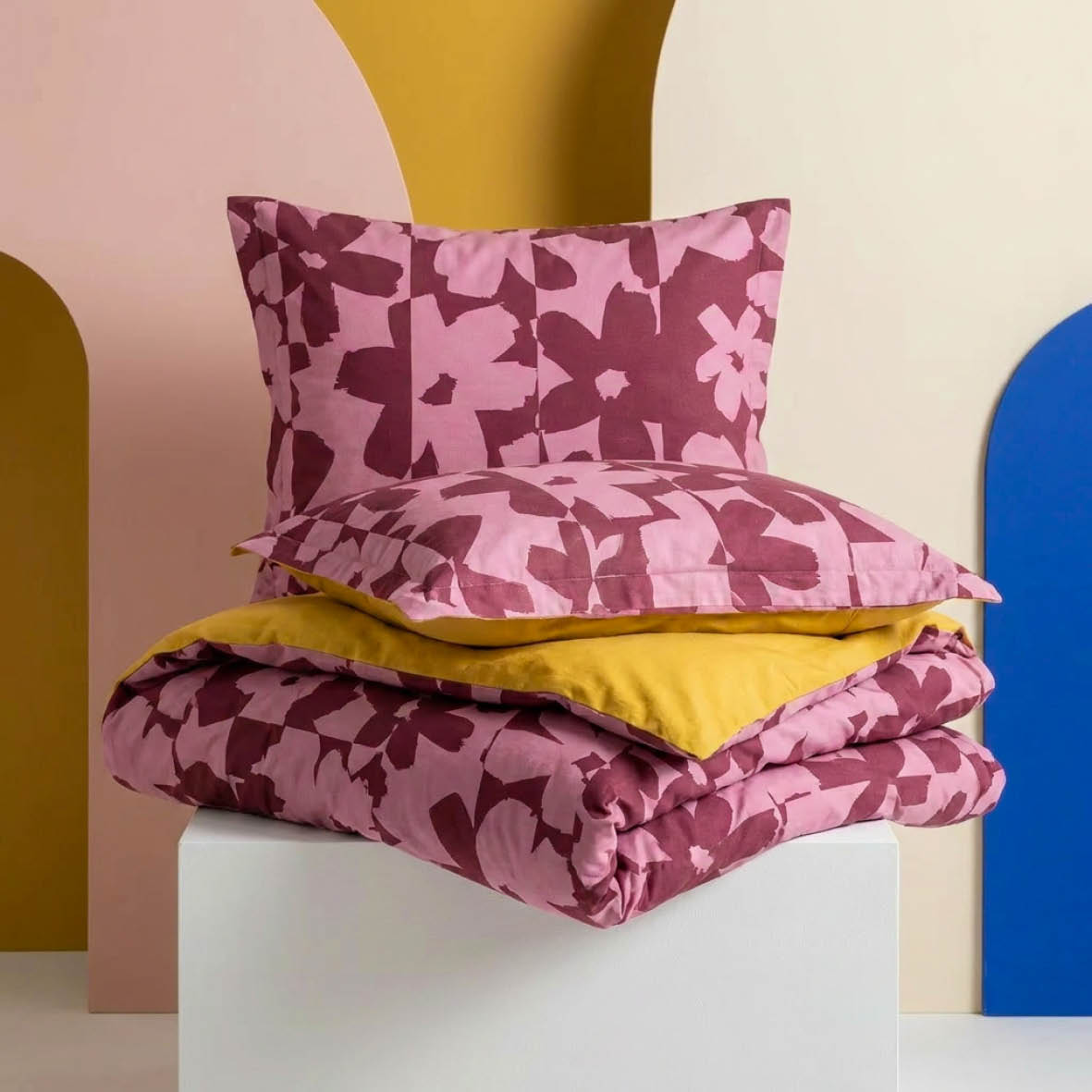 Duvet cover + pillowcase cotton satin - Éclosion carmine - Pink/Red / Honeygold