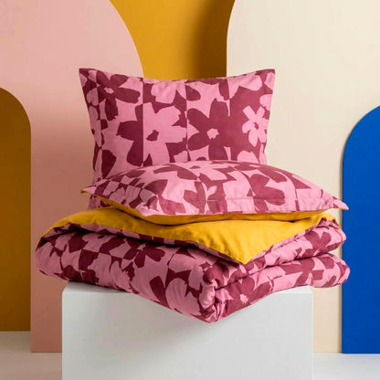Duvet cover + pillowcase cotton satin - Éclosion carmine - Pink/Red / Honeygold