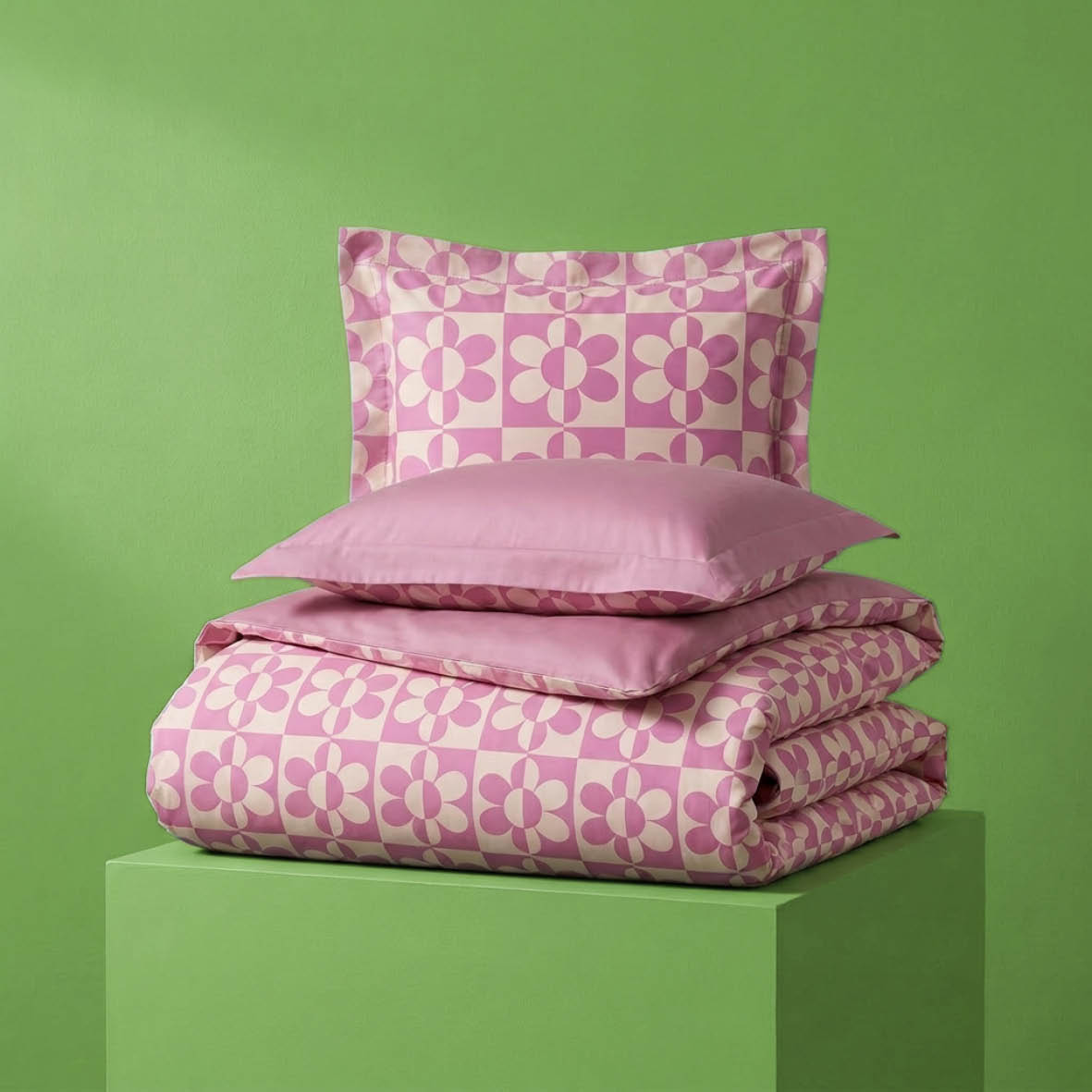Duvet cover + pillowcase cotton satin - Pop flower - Off-white / Pink / Bubblegum