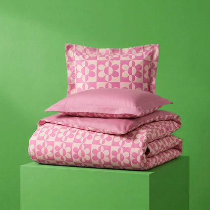 Duvet cover + pillowcase cotton satin - Pop flower - Off-white / Pink / Bubblegum