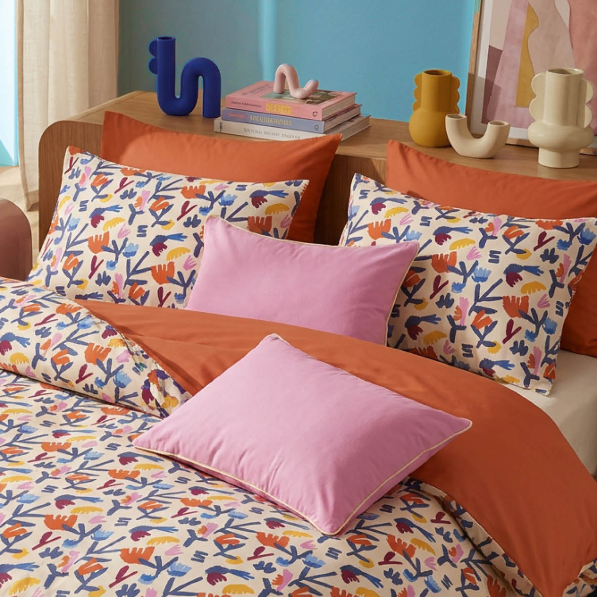 Duvet cover + pillowcase cotton satin - Chorégraphie sauvage - Multicolor / Spicy pumpkin
