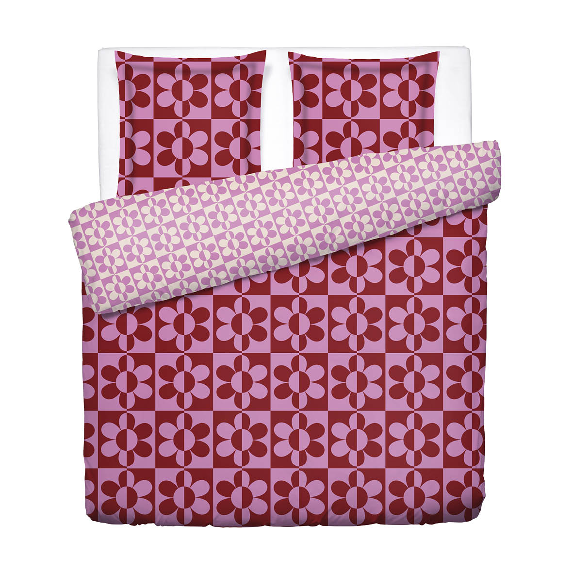 Duvet cover + pillowcase cotton satin - Pop flower - Pink