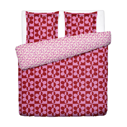 Duvet cover + pillowcase cotton satin - Pop flower - Pink