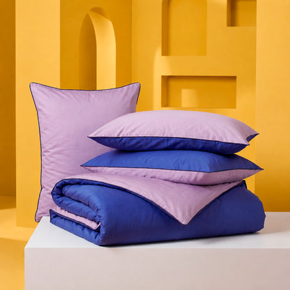 Duvet cover + pillowcase cotton satin - Uni piping - Cobalt blue / Lavender