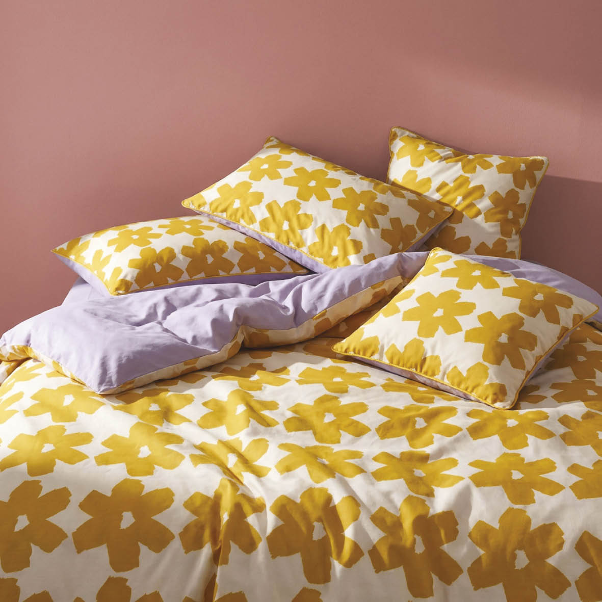 Duvet cover + pillowcase cotton satin - Pervenche - Yellow / Lavender
