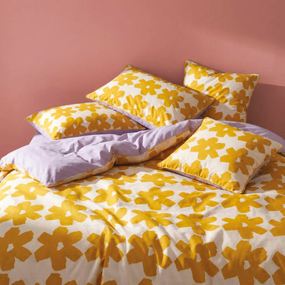 Duvet cover + pillowcase cotton satin - Pervenche - Yellow / Lavender