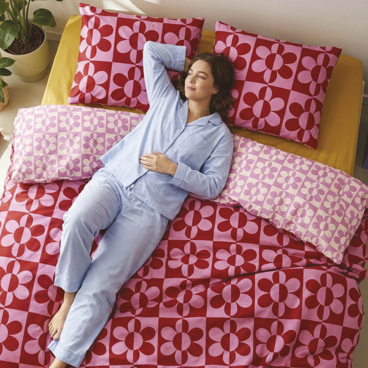 Duvet cover + pillowcase cotton satin - Pop flower - Pink