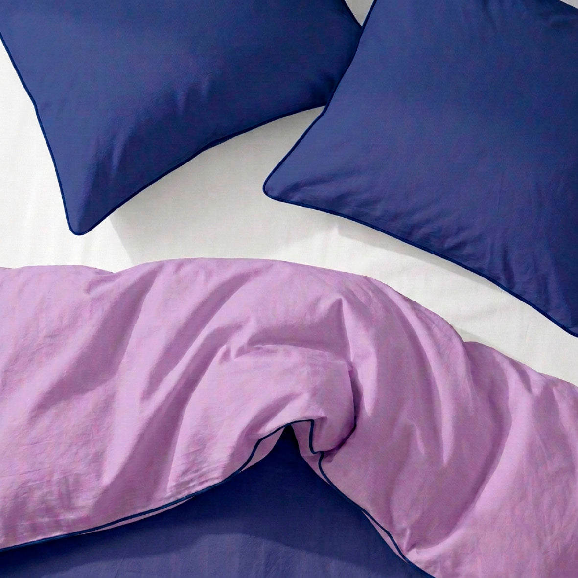 Duvet cover + pillowcase cotton satin - Uni piping - Cobalt blue / Lavender
