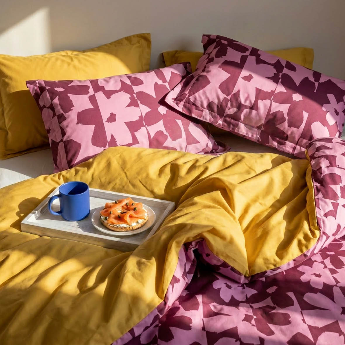Duvet cover + pillowcase cotton satin - Éclosion carmine - Pink/Red / Honeygold