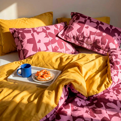 Duvet cover + pillowcase cotton satin - Éclosion carmine - Pink/Red / Honeygold