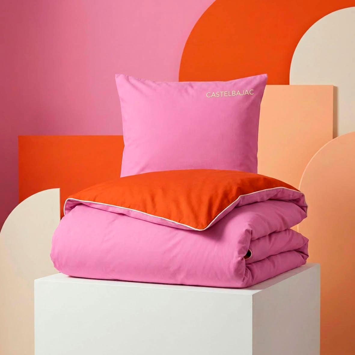 Duvet cover + pillowcase cotton satin - Uni piping - Bubblegum / Spicy pumpkin