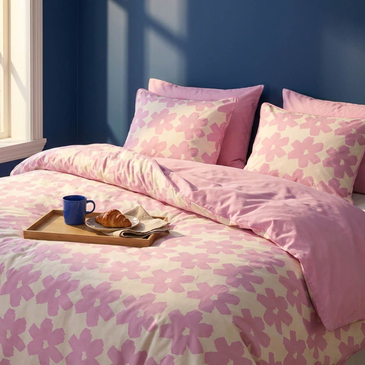 Duvet cover + pillowcase cotton satin - Pervenche - Pink / Bubblegum