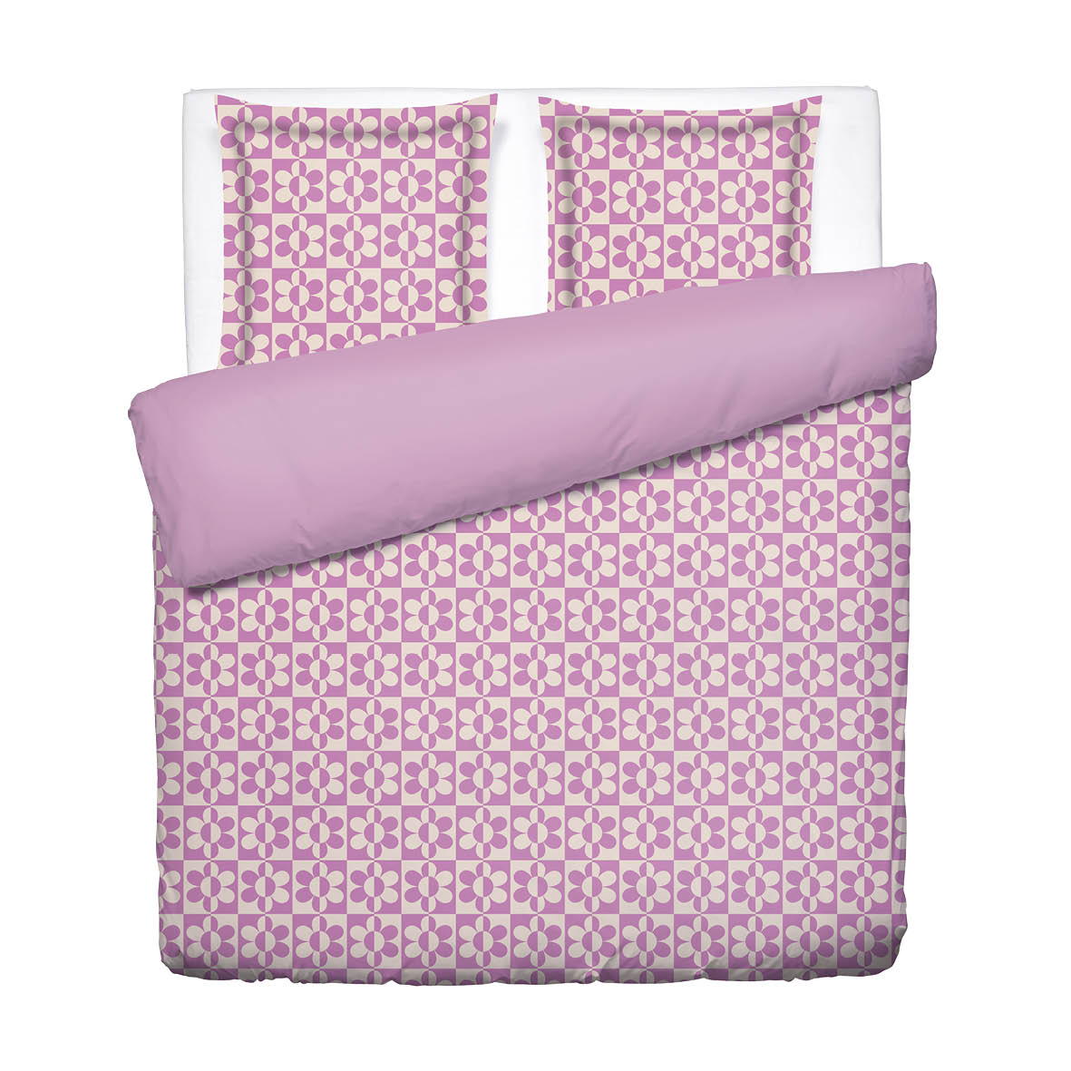 Duvet cover + pillowcase cotton satin - Pop flower - Off-white / Pink / Bubblegum