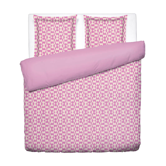 Duvet cover + pillowcase cotton satin - Pop flower - Off-white / Pink / Bubblegum