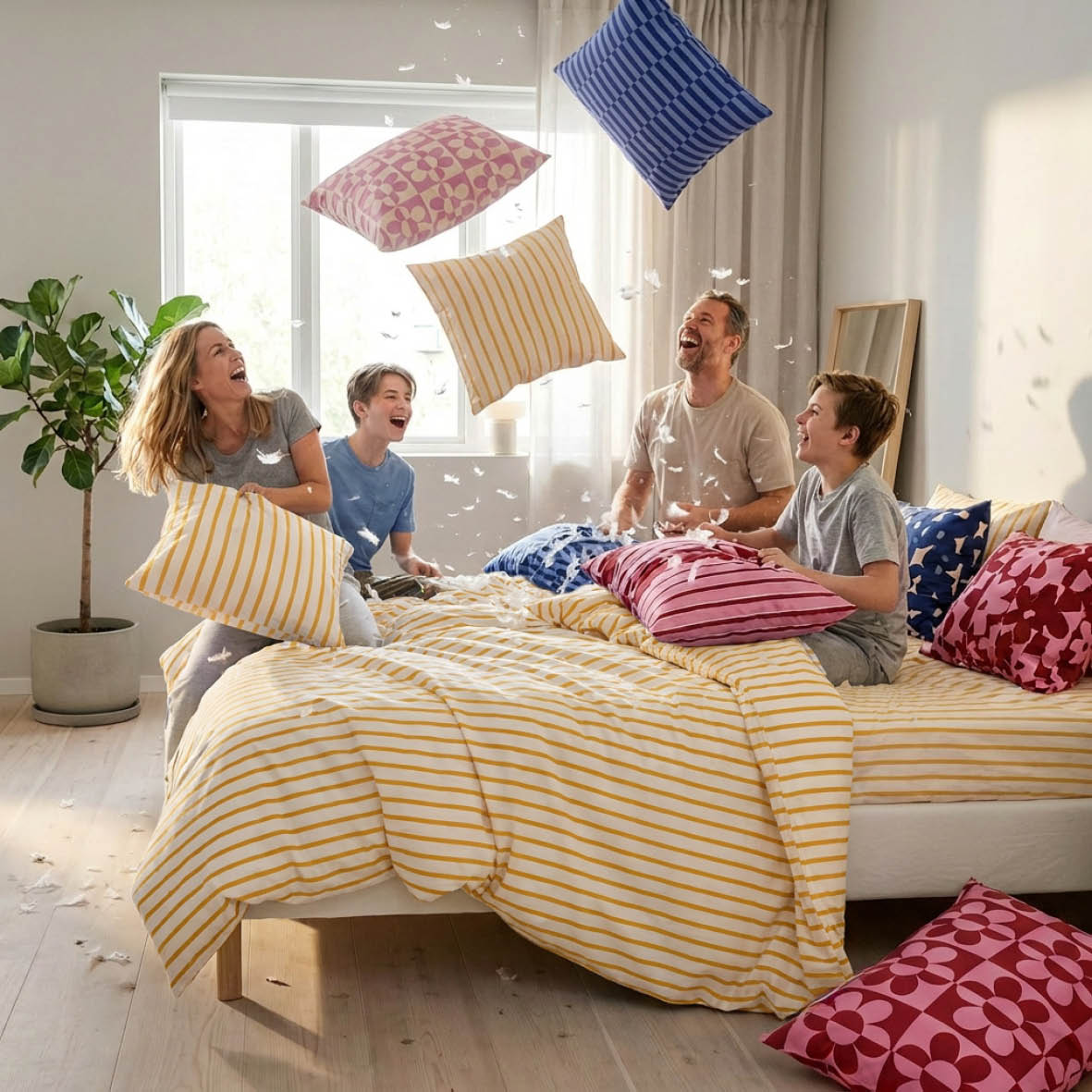 Duvet cover + pillowcase cotton satin - Sérénité rayée - Yellow