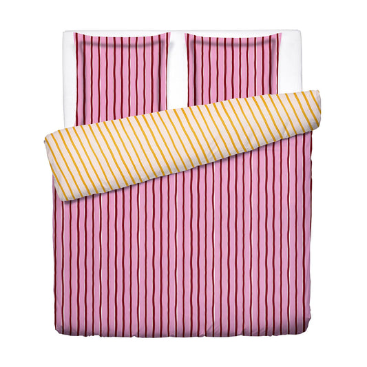 Duvet cover + pillowcase cotton satin - Rayure en écho - Pink / Yellow